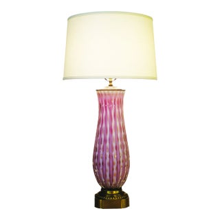 1960s Rare Xxlarge Massive Pink "Costolato" Barovier Toso Murano Italy Bubble Blown Art Glass Brass Table Lamp For Sale
