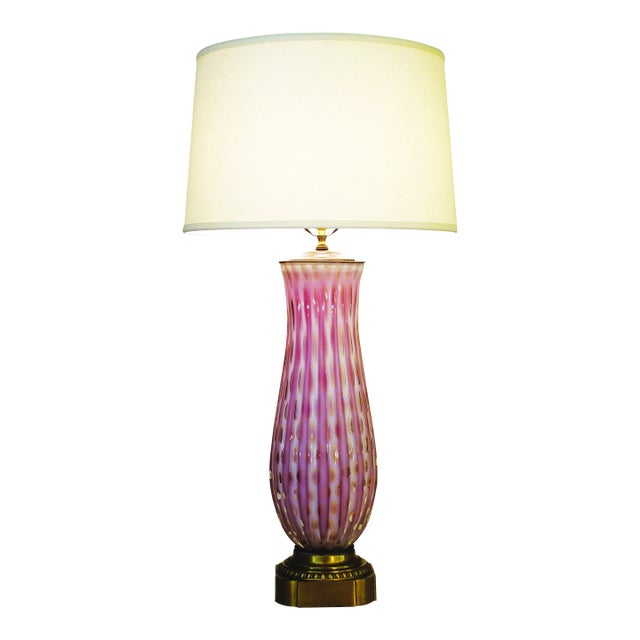 1960s Rare Xxlarge Massive Pink "Costolato" Barovier Toso Murano Italy Bubble Blown Art Glass Brass Table Lamp For Sale