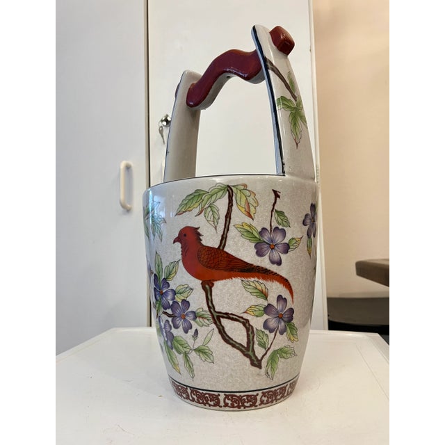 Red Vintage Floral & Bird Ceramic Water Bucket Vase/Planter For Sale - Image 8 of 12