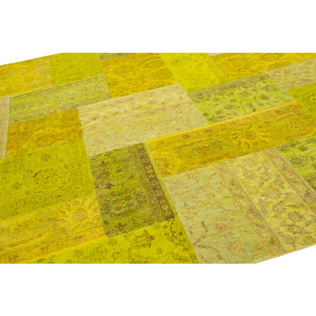 Modern Handcrafted Patchwork Wool Rug in Green With Allover Design For Sale In New York - Image 6 of 9