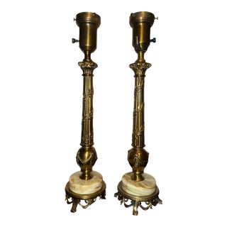 1950s Authentic Rembrandt Brass Table Lamps Ch02 With Marble Bases – Matching Pair – 18.5” – Working For Sale