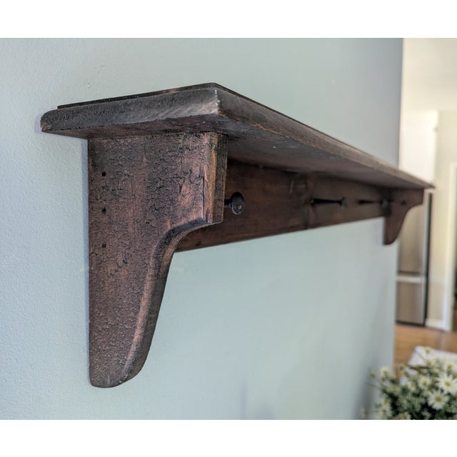 Vintage Farmhouse Cottage Wooden Wall Shelf With Peg Hooks For Sale - Image 11 of 11