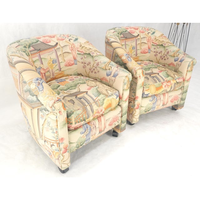 Late 20th Century Pair Asian Silk Motive Round Barrel Back Upholstery Lounge Chairs Casters MINT For Sale - Image 5 of 10