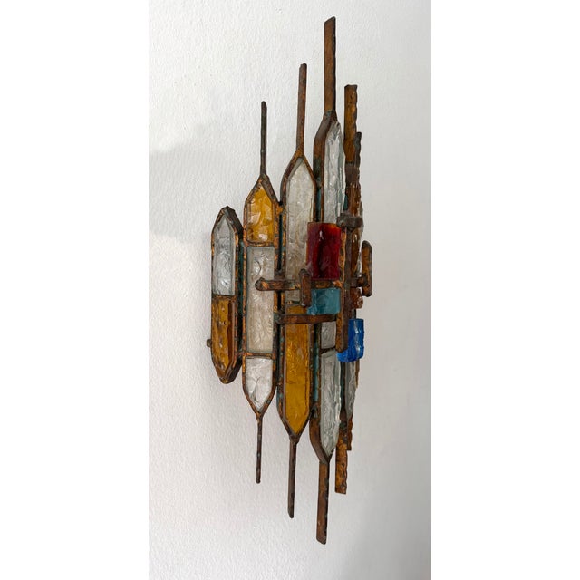 Longobard Hammered Glass Wrought Iron Sconces by Longobard, Italy, 1970s, Set of 3 For Sale - Image 4 of 12