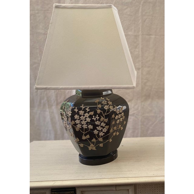 Cocoa Ginger Jar Lamps With Raised Floral Relief and Shades - a Pair For Sale - Image 12 of 13