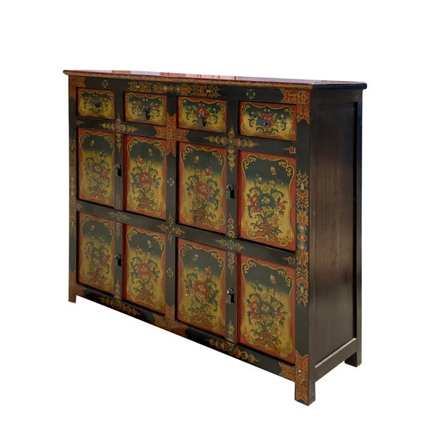 Tribal Chinese Tibetan Orange Yellow Flower Graphic Storage Cabinet For Sale - Image 3 of 7