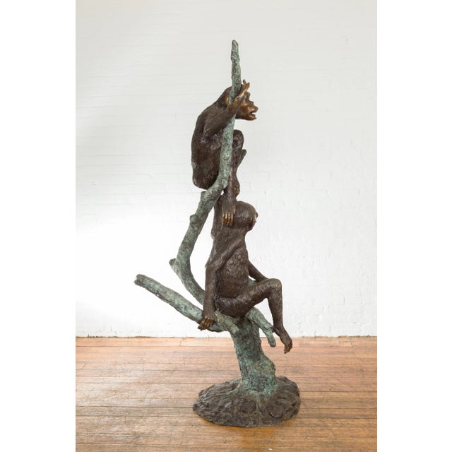 Vintage Cast Bronze Sculpted Group of Three Monkeys Sitting in a Verdigris Tree For Sale - Image 12 of 13