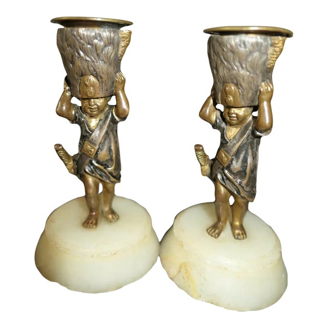 19thc French Antique Louis XVI Polychromed Bronze Military Cherub Candle Holders a - Pair For Sale