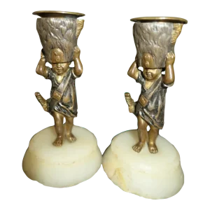 19thc French Antique Louis XVI Polychromed Bronze Military Cherub Candle Holders a - Pair