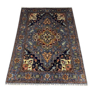 Blue Afghan Sultani Natural Dye Wool Rug, Persian Heriz Medallion Design, 5′9″ × 8′ For Sale