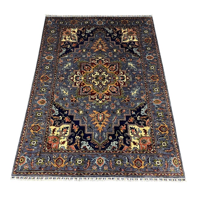 Blue Afghan Sultani Natural Dye Wool Rug, Persian Heriz Medallion Design, 5′9″ × 8′ For Sale