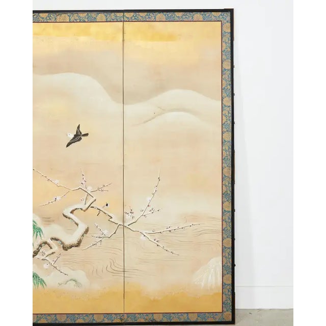 Mid 20th Century Japanese Showa Four Panel Screen Snowy Winter Landscape For Sale - Image 5 of 12