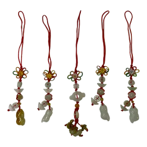 Set 5 Chinese Jade Stone Carved Beads Charm Tassel Display Art