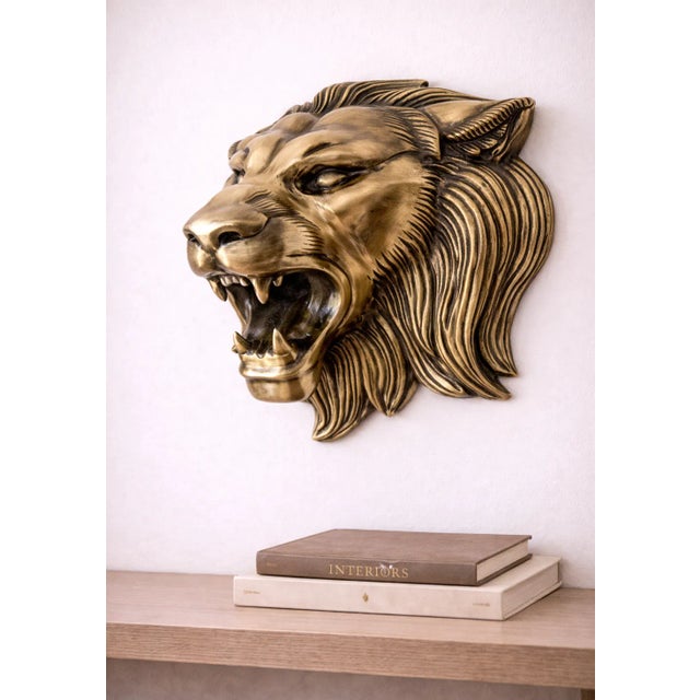 Antique Brass Finish Metal Lion Head Wall Sculptures For Sale - Image 4 of 9