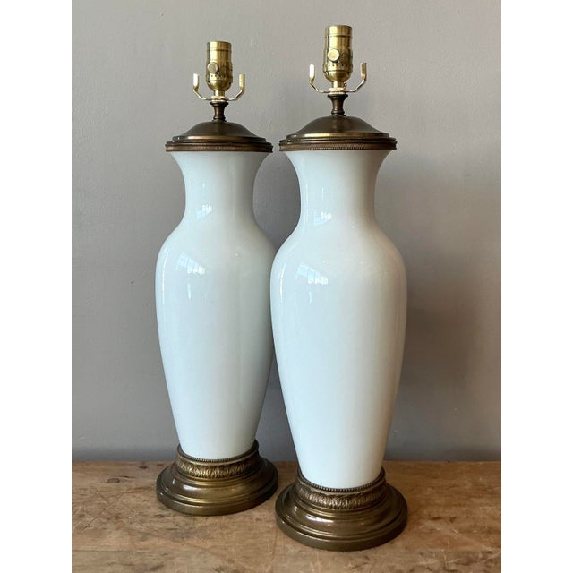 Mid 20th Century Vintage Regency Glazed Ceramic Lamps - A Pair For Sale - Image 5 of 6
