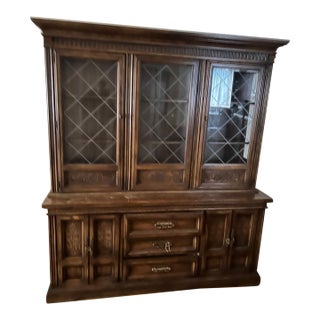 1960s Mid-Century Solid Wood Oak China Cabinet Hutch For Sale