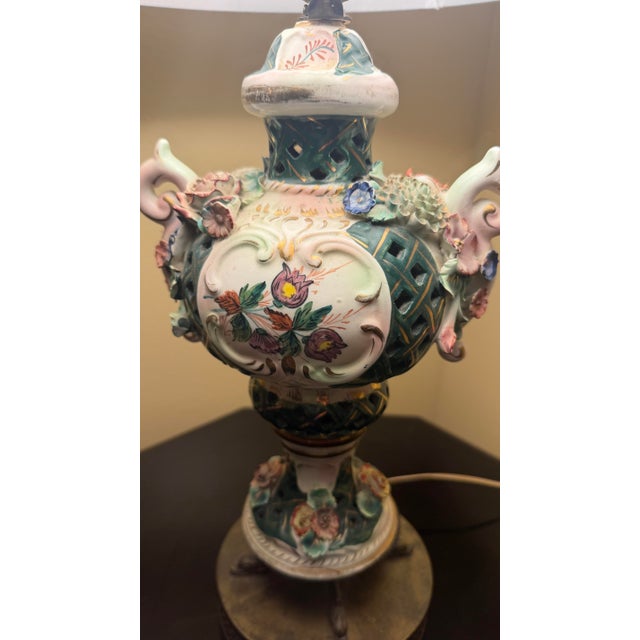Traditional Pair of Vintage Floral Porcelain Table Lamps With Reticulated Bodies and Ornate Metal Bases For Sale - Image 3 of 6