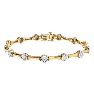 10K Yellow Gold Plated .925 Sterling Silver 1.0 Cttw Miracle Set Diamond Bezel Style Station Link Bracelet (H-I Color, I3 Clarity) - Size 7" For Sale