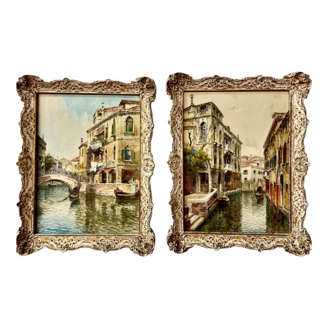 Luigi Zugolo, Peaceful Venetian Canal Scenes in a Pair of Paintings For Sale