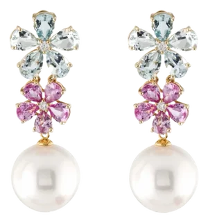 Nina Zhou Aquamarine Pink Sapphire Blossom Pearl Convertible Earrings in 14k Yellow Gold - a Pair