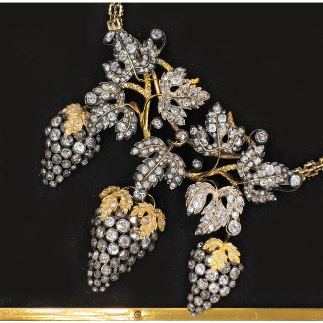 Metal Antique 14k and Silver Top Diamond Grape and Leaf Pendant Necklace C. 1900s For Sale - Image 7 of 8