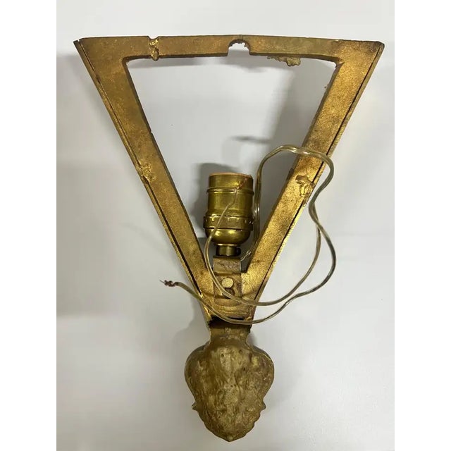 1930s French Art Deco Brass & Frosted Glass Shield Shaped Wall Sconce, a Pair For Sale - Image 9 of 14