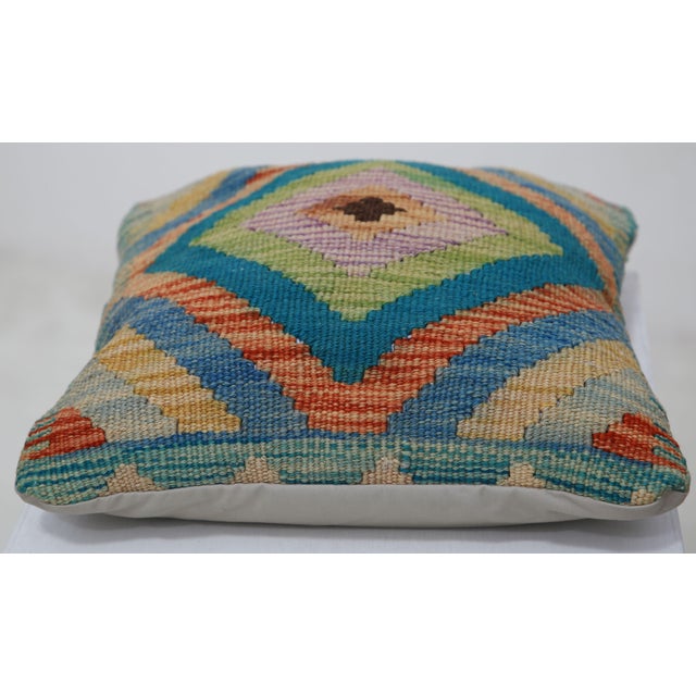 Tribal Arteverk Handwoven Afghan Kilim Pillow — Blue & Teal Diamond Medallion For Sale - Image 3 of 3