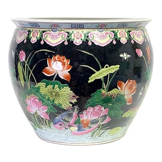 Large Antique Chinese Famille Noire Goldfish Bowl Planter With Lotus Pond and Birds, Rim Signed For Sale