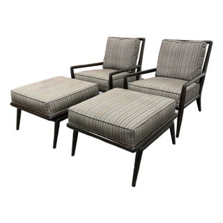 T. H. Robsjohn-Gibbings for Widdicomb Mid 20th Century Lounge Armchairs + Ottomans, Pair For Sale