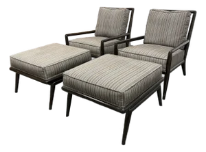 T. H. Robsjohn-Gibbings for Widdicomb Mid 20th Century Lounge Armchairs + Ottomans, Pair