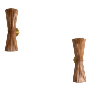 Pair of Rattan & Brass Wall Sconce For Sale
