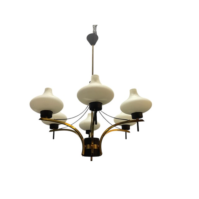 Vintage Brass and Opaline Glass Six-Light Chandelier, 1950s For Sale - Image 12 of 12