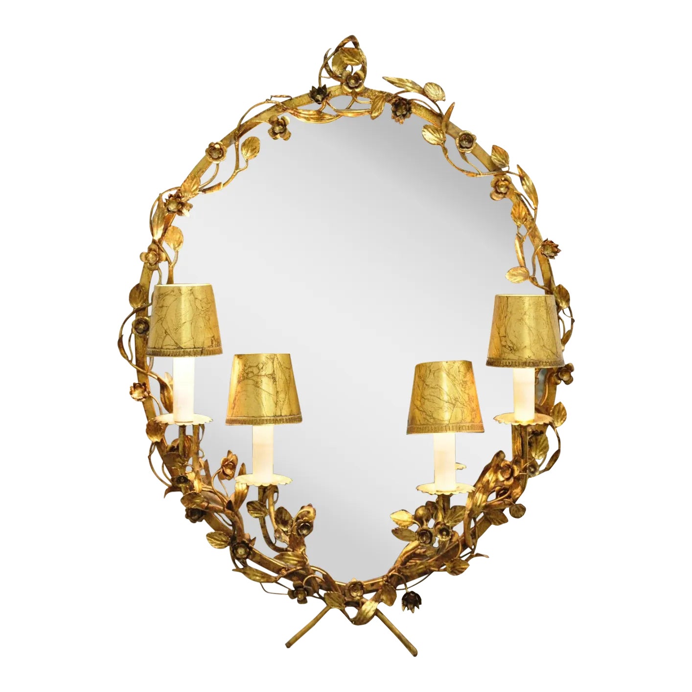 Vtg Italian Hollywood Regency Gold Gilt Iron Oval Floral Wall Mirror W