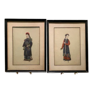 Vintage Pair of Framed Prints Depicting a Chinese Man & Woman Wearing Traditional Clothing