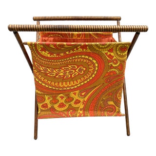 Mid 20th Century Paisley Mid Century X Base Folding Knitting Sewing Basket For Sale