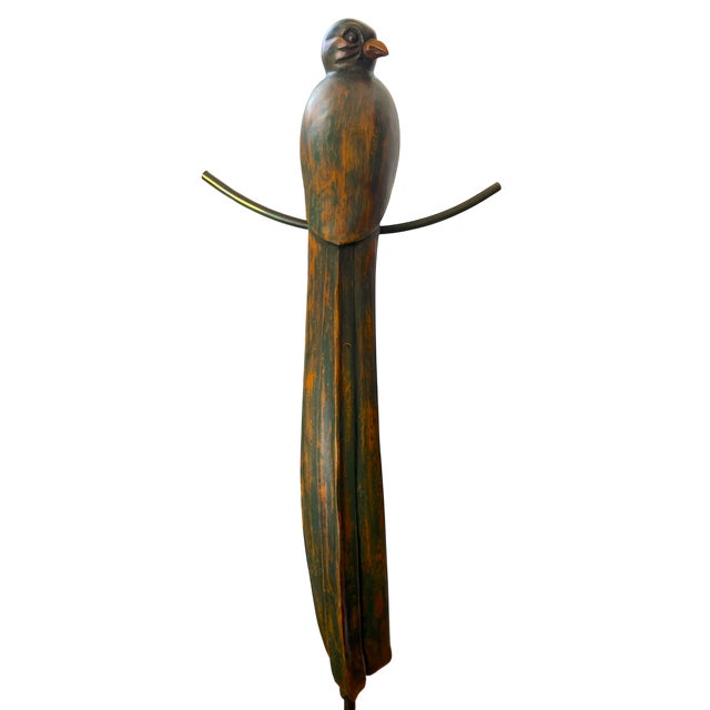 English 1980s Monumental Hand-Carved Wood Parrot Sculpture on Brass Stand — 58” Tall For Sale - Image 3 of 10