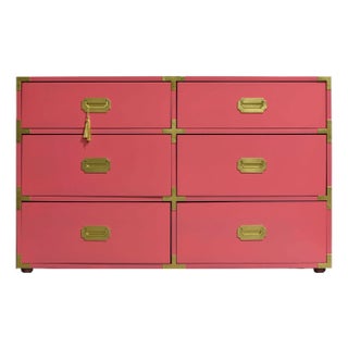 Vintage 6 Drawer Campaign Dresser in Pink by Homan Furniture - Newly Painted For Sale