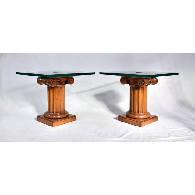 John Stuart Neoclassical Pedestal Tables by John Stuart, Burl & Walnut, 1960s Pair For Sale - Image 4 of 7