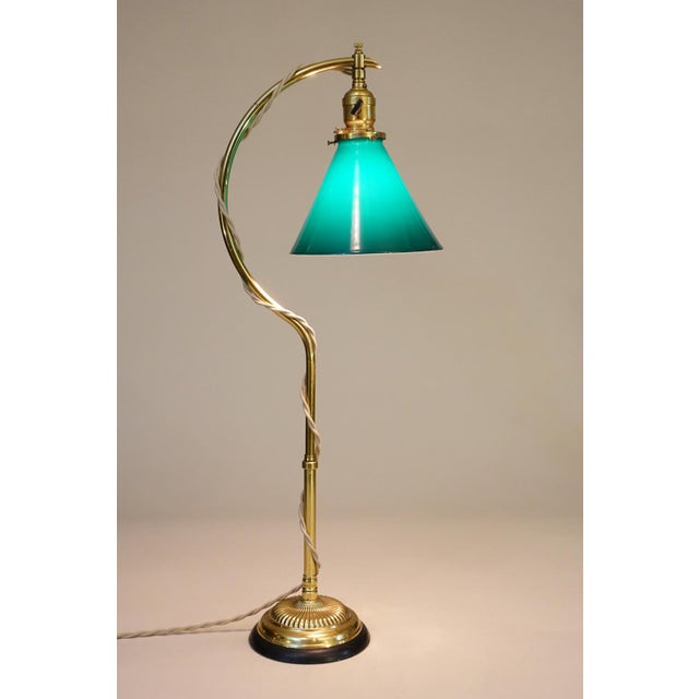 Metal Vintage Faries Industrial Machine Age Brass 'C' Table Emeralite Shade Lamp 1910's Oc White Era Original Pristine Condition For Sale - Image 7 of 13