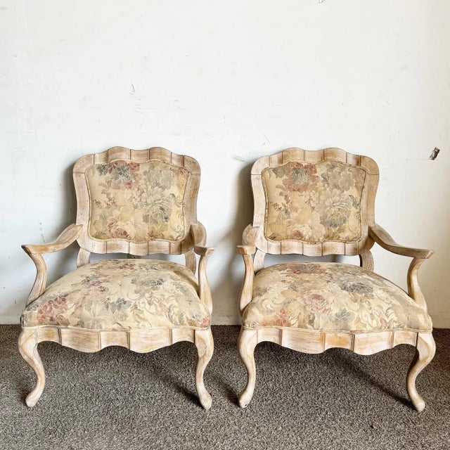 Century Furniture French Provincial White Washed Floral Print Lounge Chairs by Century Furniture For Sale - Image 4 of 8
