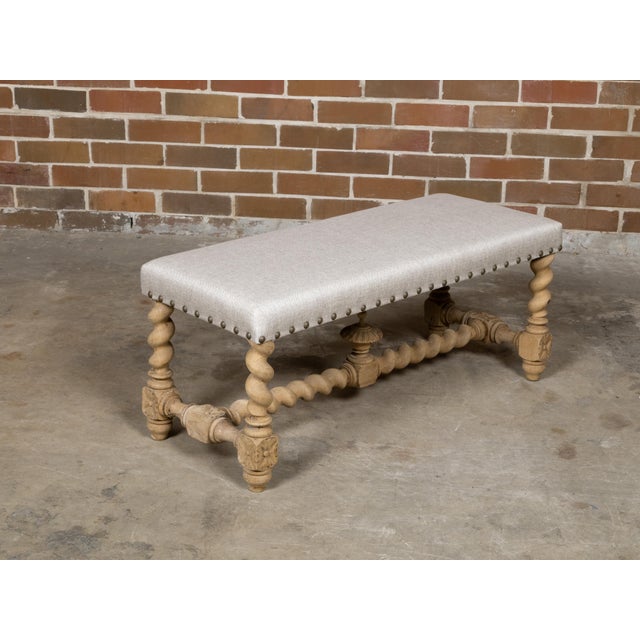 Early 20th Century English Turn of the Century Bleached Wood Barley Twist Bench with Upholstery For Sale - Image 10 of 12