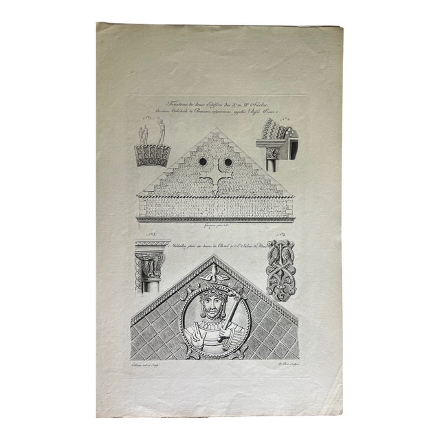 Mid 19th Century Etching Reproduction of Two Building Pediments From the 10th and 11th Centuries by Nicolas Xavier Willemin For Sale