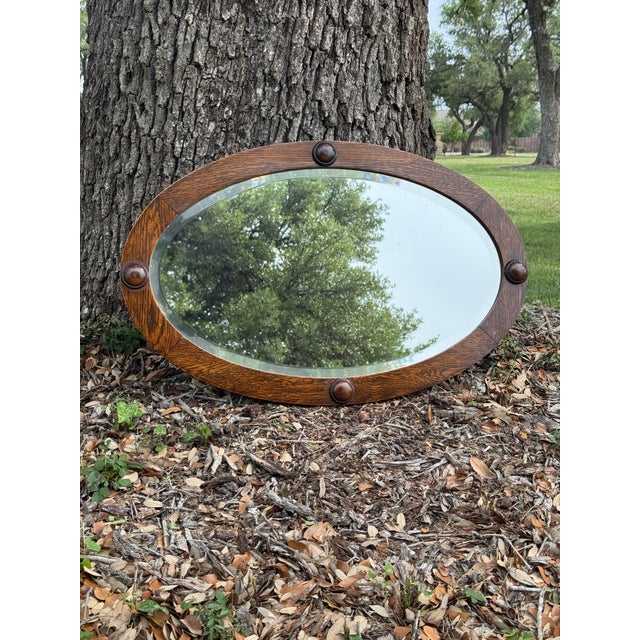Antique Early 20th Century Oak Framed Beveled Oval Wall Mirror For Sale - Image 4 of 8