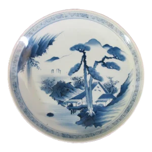 Antique Japanese Blue & White Village Mountain 12.5" Charger Plate Shallow Bowl