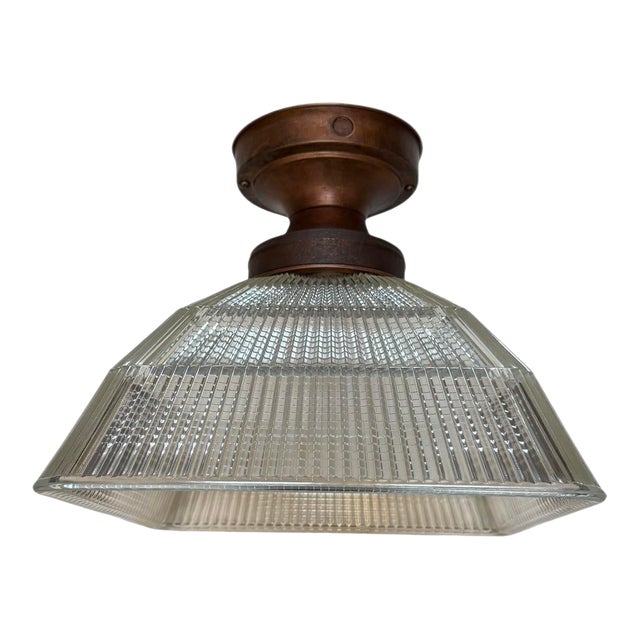 Mid 20th Century Large Mid-Century Modern Halophane Glass and Brass Ceiling Fixture For Sale