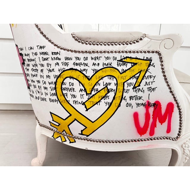 Wood Pair of Bespoke Jimmie Martin Hand-Painted White Leather Graffiti Armchairs For Sale - Image 7 of 18