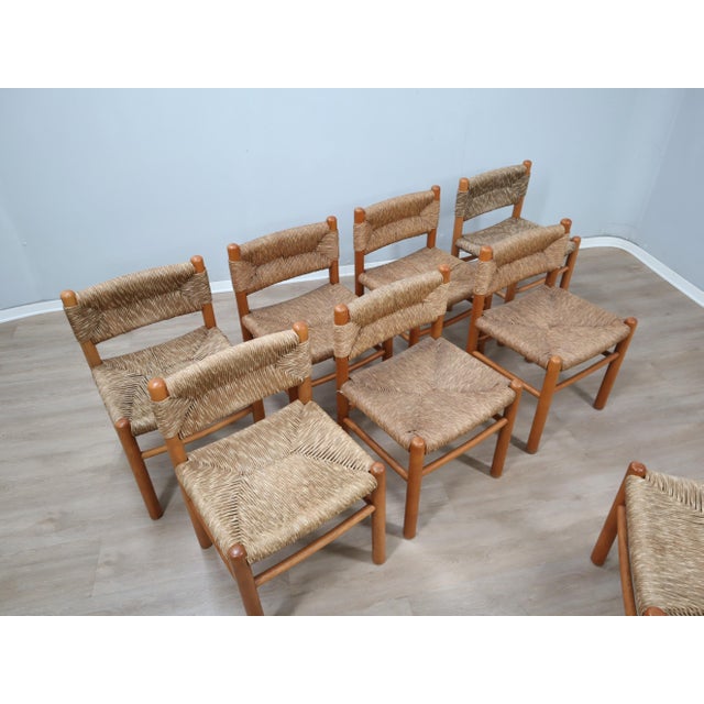 Wood Vintage Chairs in Woven Straw and Wood by Charlotte Perriand, 1960s, Set of 8 For Sale - Image 7 of 17