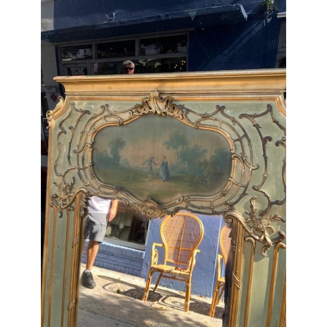 Wood 19th Century, French, Louis XVI Painted Green and Gilt Trumeau Mirror For Sale - Image 7 of 7