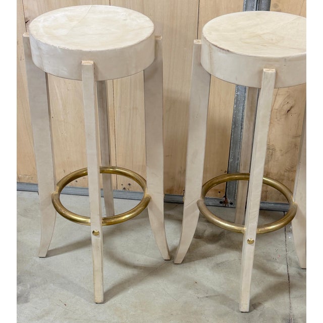 Karl Springer Three Patinated Leather & Brass Barstools Signed Karl Springer, 1990 For Sale - Image 4 of 8