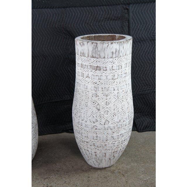 Wood Late 20th Century 2 Bohemian Carved Palm Tree Trunk Planters Boho Chic Sculptural Vase Pair 40" For Sale - Image 7 of 12